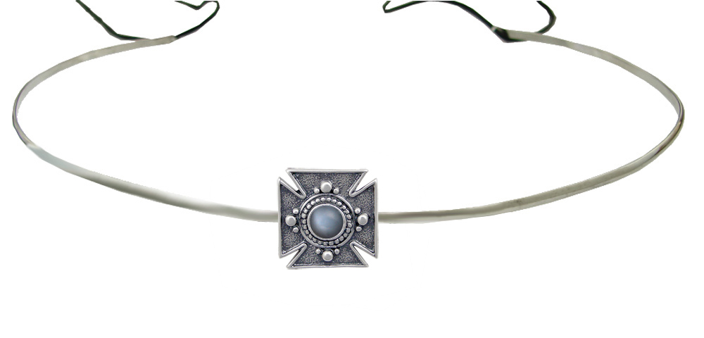 Sterling Silver Renaissance Style Medieval Cross Headpiece Circlet Tiara With Grey Moonstone